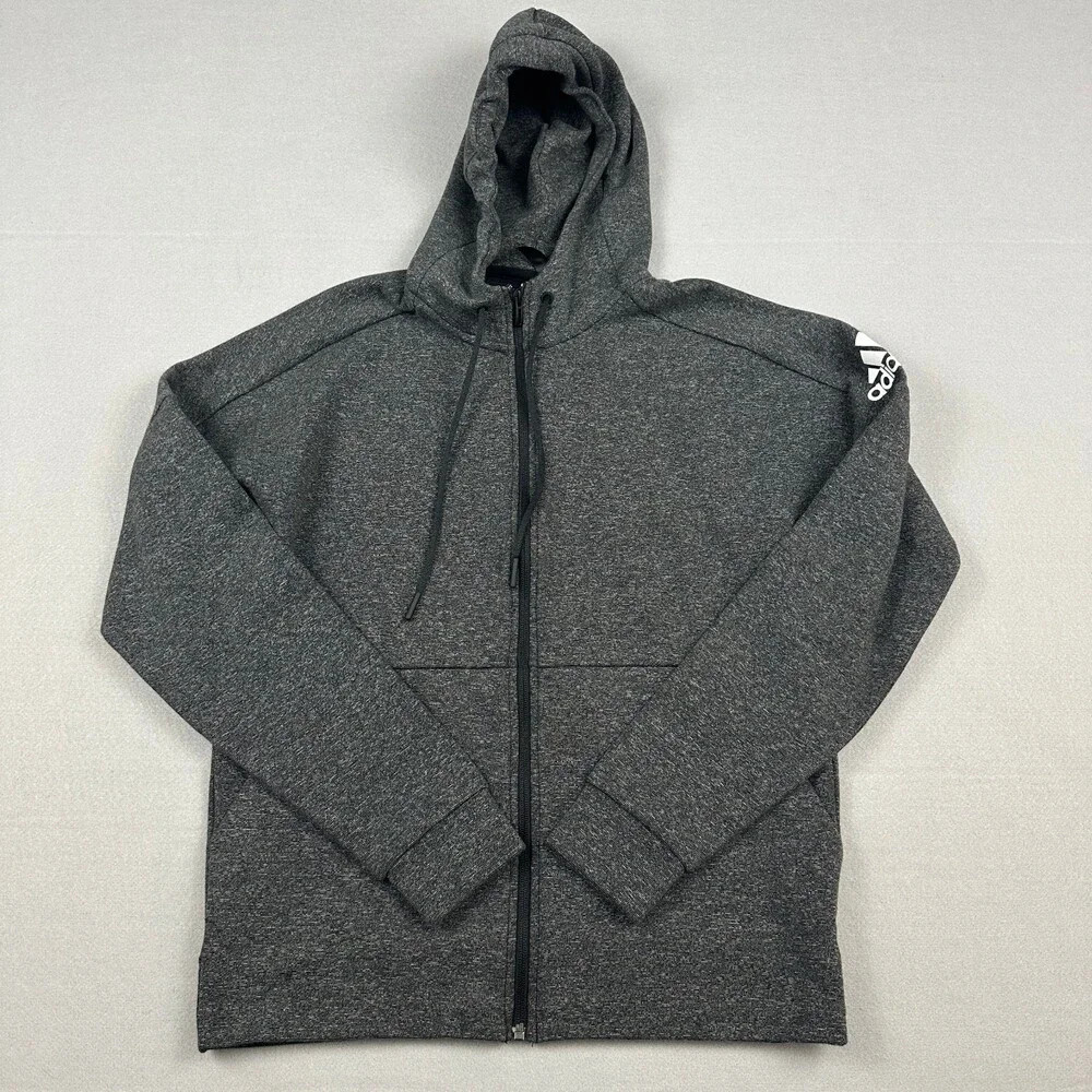 Adidas Hoodie Men Medium Gray Heather Full Zip Sweatshirt Logo Pockets L